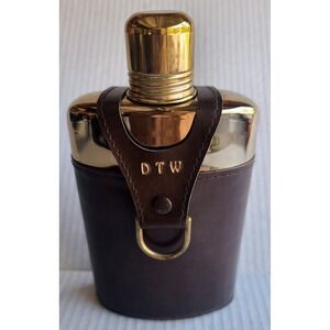 Vintage Hip Glass Flask Brown Leather Sleeve Brass D-Ring Gold Tone Harness Gift